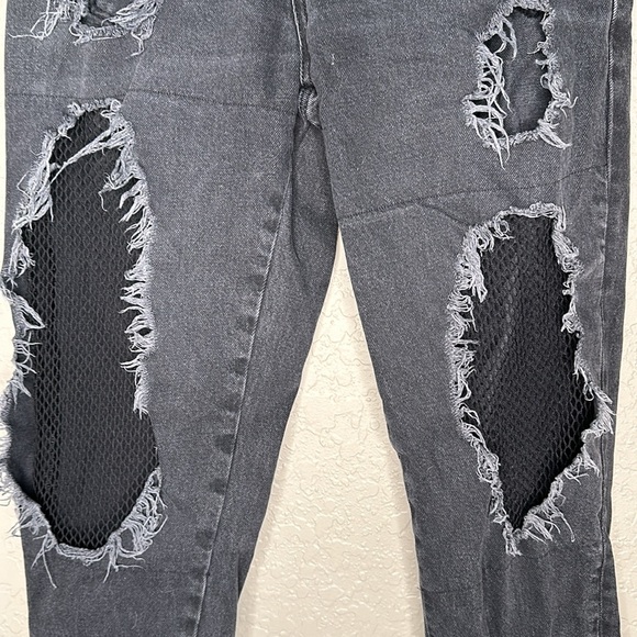 Zara High Rise Black Distressed Fishnet frayed hem Jeans Goth Grunge - Picture 8 of 14